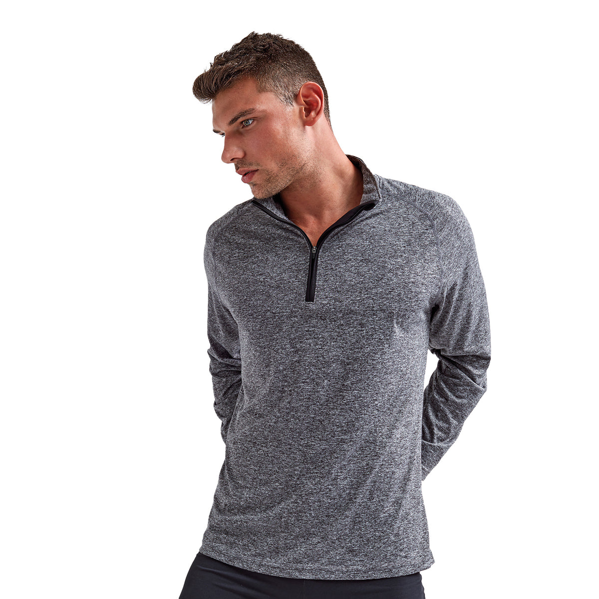 Black Melange-Black - Side - TriDri Mens Long Sleeve Performance Quarter Zip Top