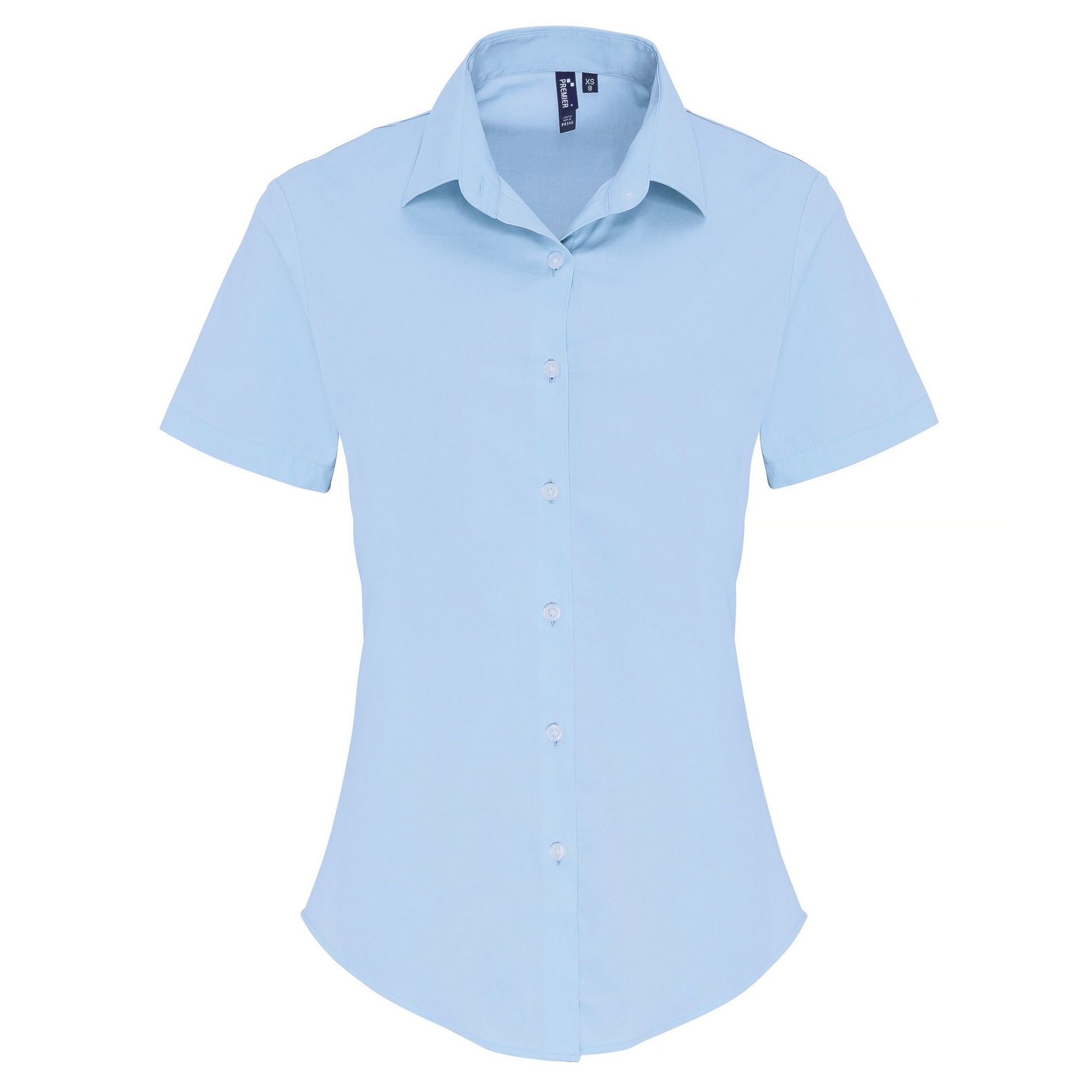 Pale Blue - Front - Premier Womens-Ladies Stretch Fit Poplin Short Sleeve Blouse
