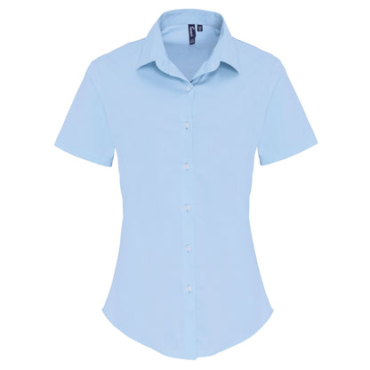 Pale Blue - Front - Premier Womens-Ladies Stretch Fit Poplin Short Sleeve Blouse
