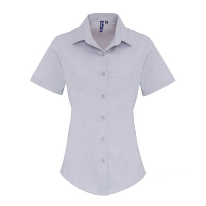 Silver - Front - Premier Womens-Ladies Stretch Fit Poplin Short Sleeve Blouse