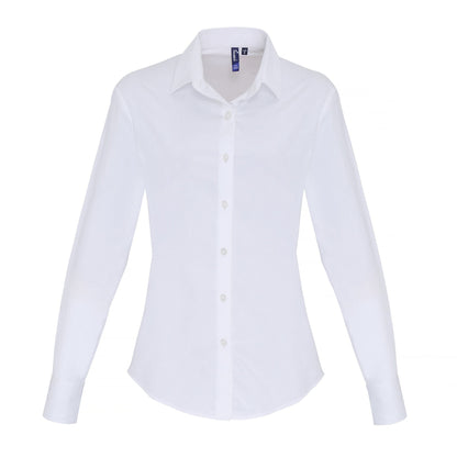 White - Front - Premier Womens-Ladies Stretch Fit Poplin Long Sleeve Blouse