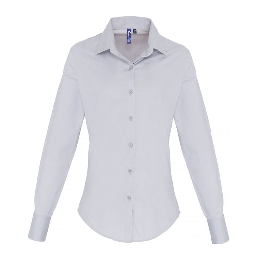 Silver - Front - Premier Womens-Ladies Stretch Fit Poplin Long Sleeve Blouse