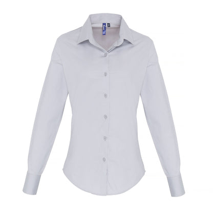 Silver - Front - Premier Womens-Ladies Stretch Fit Poplin Long Sleeve Blouse