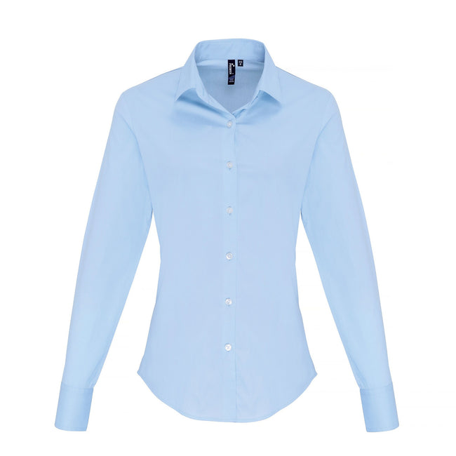 Pale Blue - Front - Premier Womens-Ladies Stretch Fit Poplin Long Sleeve Blouse