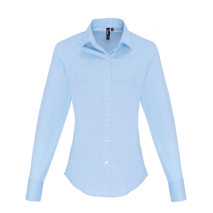 Pale Blue - Front - Premier Womens-Ladies Stretch Fit Poplin Long Sleeve Blouse
