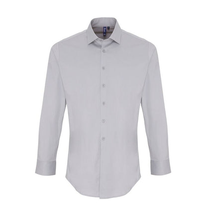 Silver - Front - Premier Mens Stretch Fit Poplin Long Sleeve Shirt
