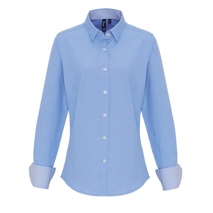 Light Blue - Side - Premier Womens-Ladies Cotton Rich Oxford Stripe Blouse