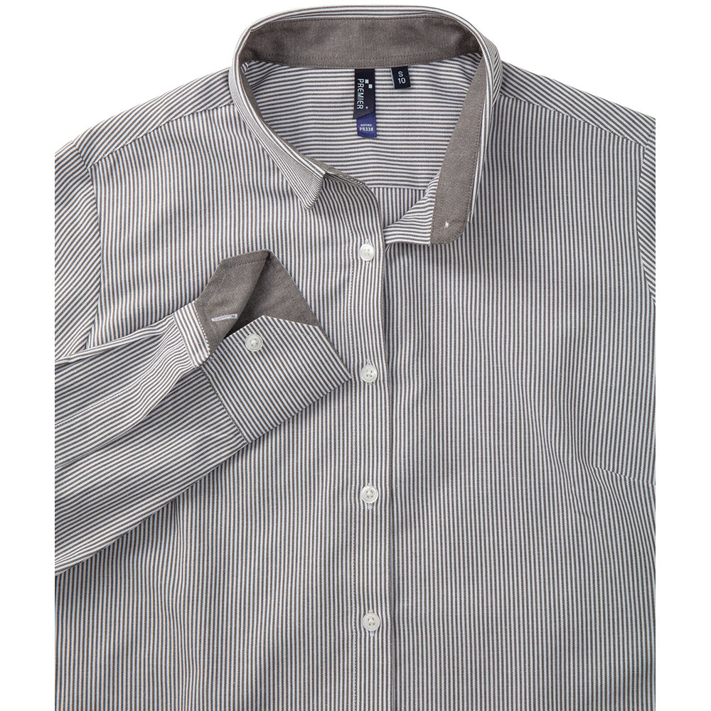 White-Grey - Back - Premier Womens-Ladies Cotton Rich Oxford Stripe Blouse
