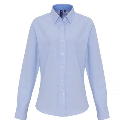 White-Light Blue - Front - Premier Womens-Ladies Cotton Rich Oxford Stripe Blouse