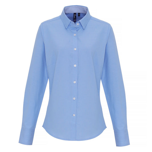 Light Blue - Front - Premier Womens-Ladies Cotton Rich Oxford Stripe Blouse