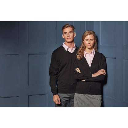 Black - Close up - Premier Mens Essential Acrylic V-Neck Sweater