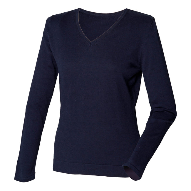 Navy - Front - Henbury Womens-Ladies 12 Gauge Fine Knit V-Neck Jumper - Sweatshirt