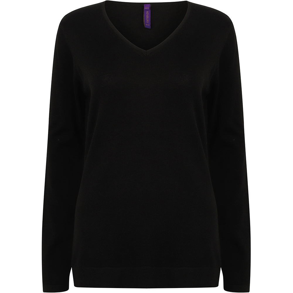 Black - Back - Henbury Womens-Ladies 12 Gauge Fine Knit V-Neck Jumper - Sweatshirt