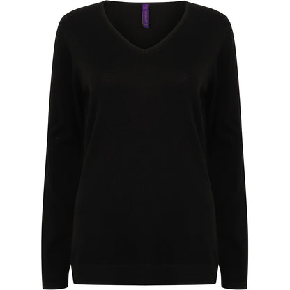 Black - Back - Henbury Womens-Ladies 12 Gauge Fine Knit V-Neck Jumper - Sweatshirt