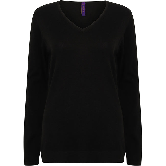 Black - Back - Henbury Womens-Ladies 12 Gauge Fine Knit V-Neck Jumper - Sweatshirt
