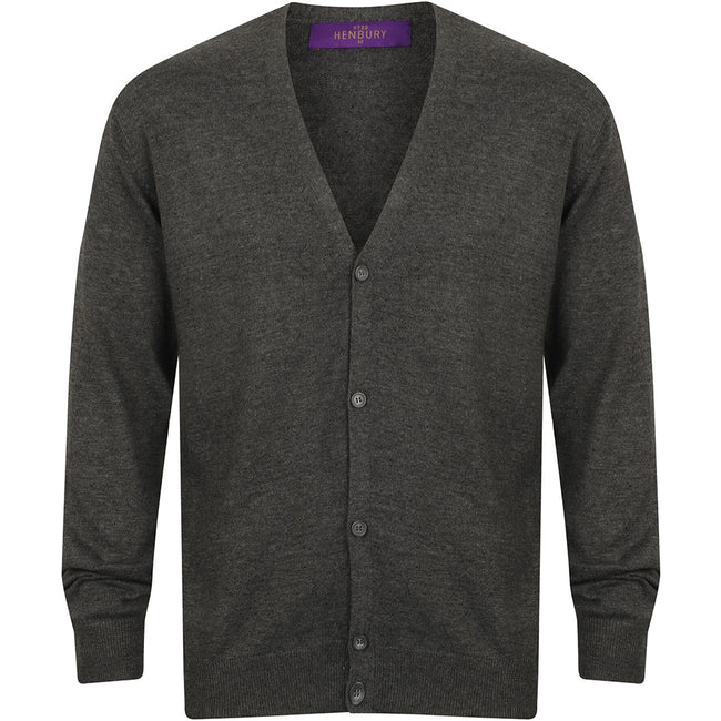 Grey Marl - Back - Henbury Mens V Neck Button Fine Knit Cardigan