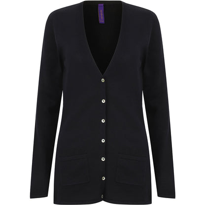 Navy - Front - Henbury Ladies-Womens V-Neck Button Fine Knit Cardigan