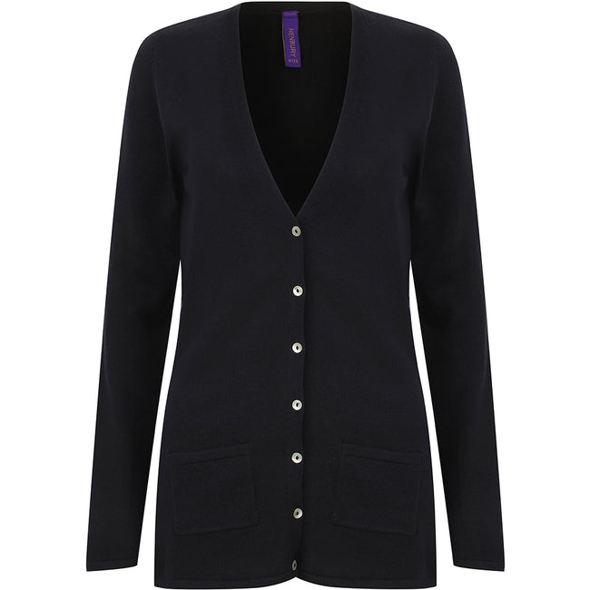 Navy - Front - Henbury Ladies-Womens V-Neck Button Fine Knit Cardigan