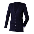 Navy - Side - Henbury Ladies-Womens V-Neck Button Fine Knit Cardigan