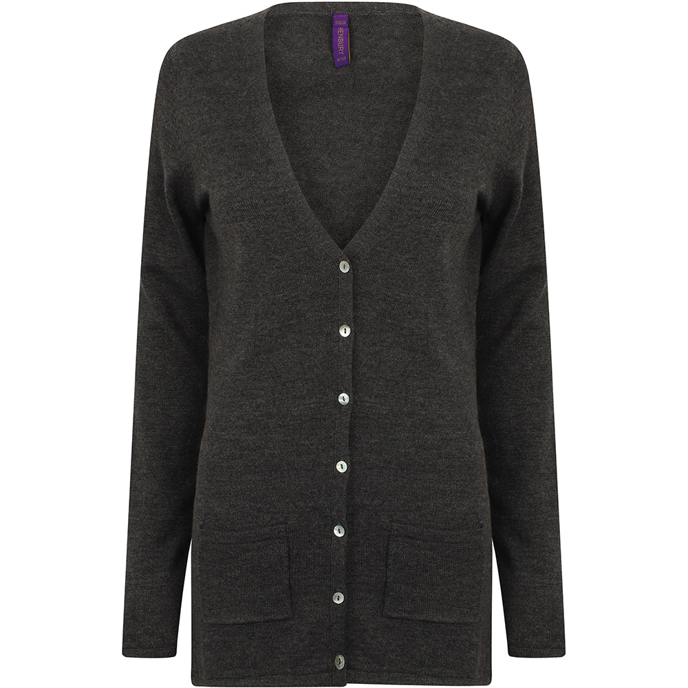Grey Marl - Front - Henbury Ladies-Womens V-Neck Button Fine Knit Cardigan