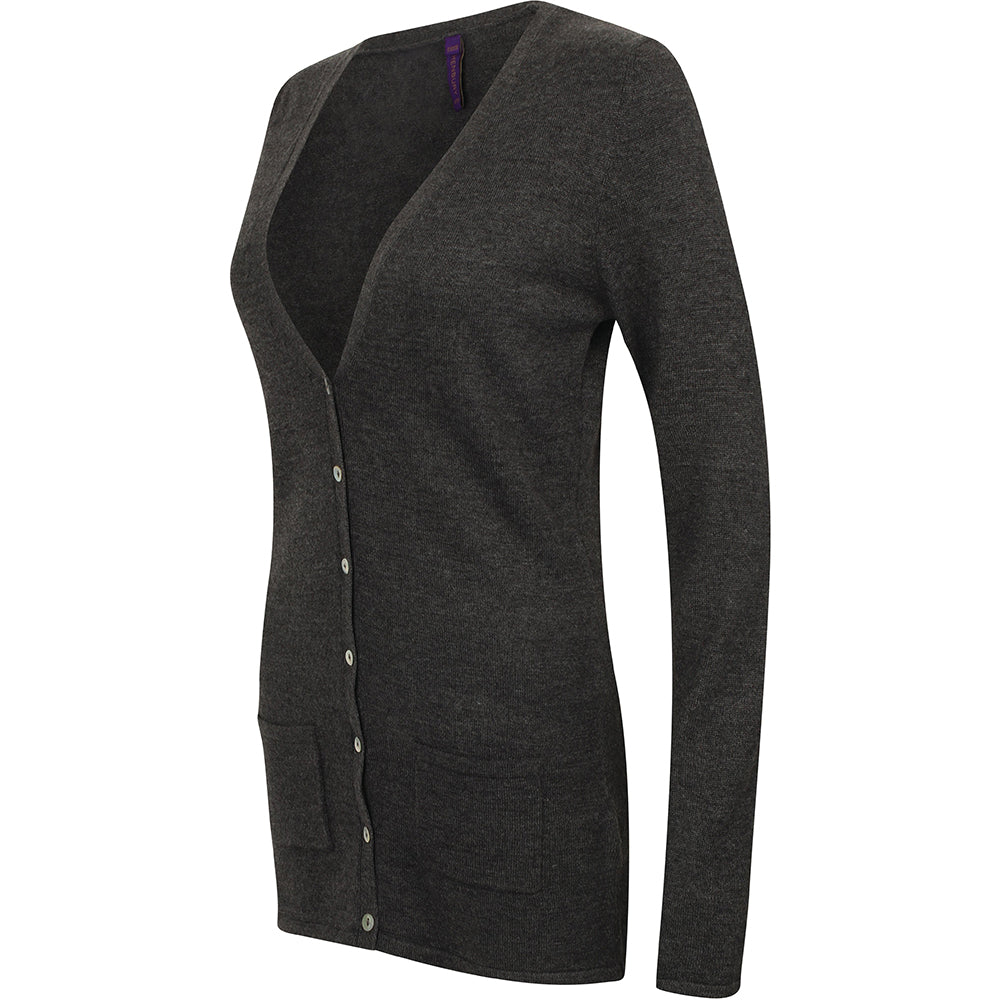 Grey Marl - Pack Shot - Henbury Ladies-Womens V-Neck Button Fine Knit Cardigan