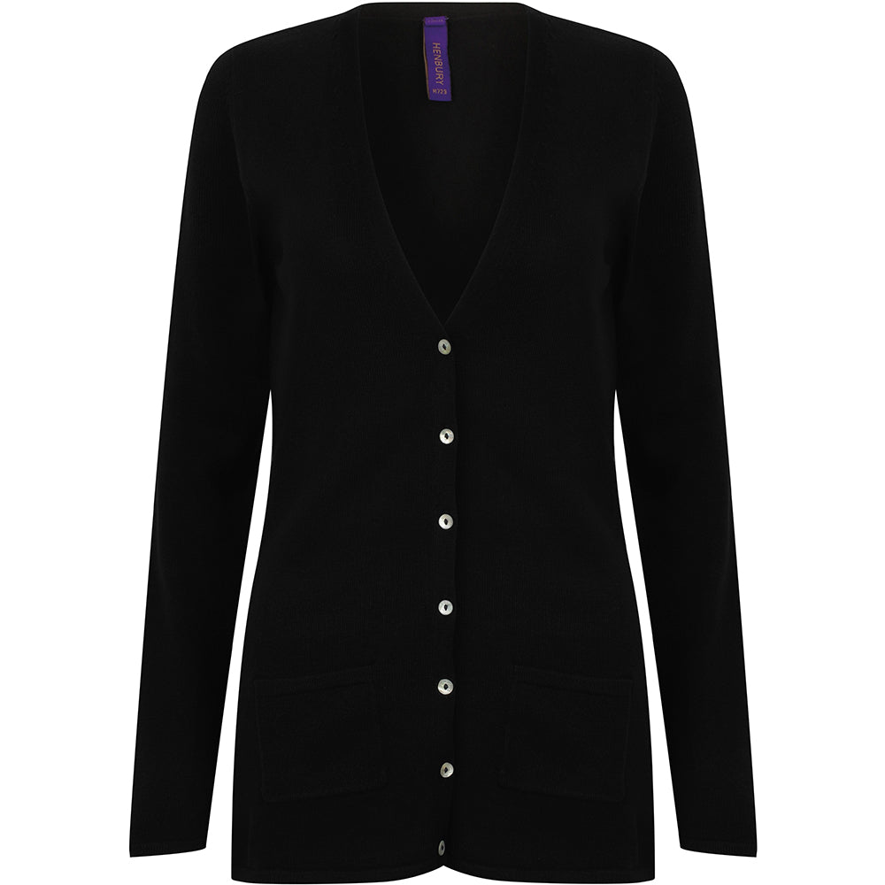 Black - Front - Henbury Ladies-Womens V-Neck Button Fine Knit Cardigan