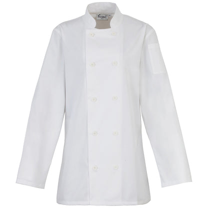 White - Front - Premier Womens-Ladies Long Sleeve Chefs Jacket - Chefswear (Pack of 2)