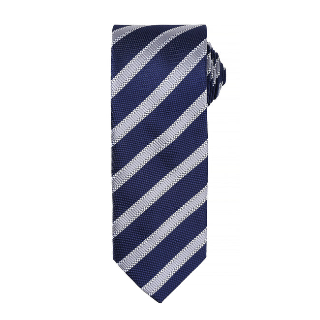 Navy-Silver - Front - Premier Mens Waffle Stripe Formal Business Tie (Pack of 2)
