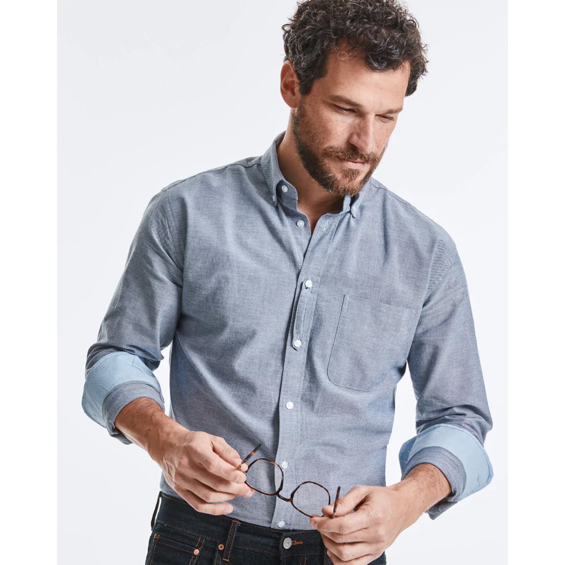 Oxford Navy-Oxford Blue - Back - Russell Collection Mens Long Sleeve Tailored Oxford shirt