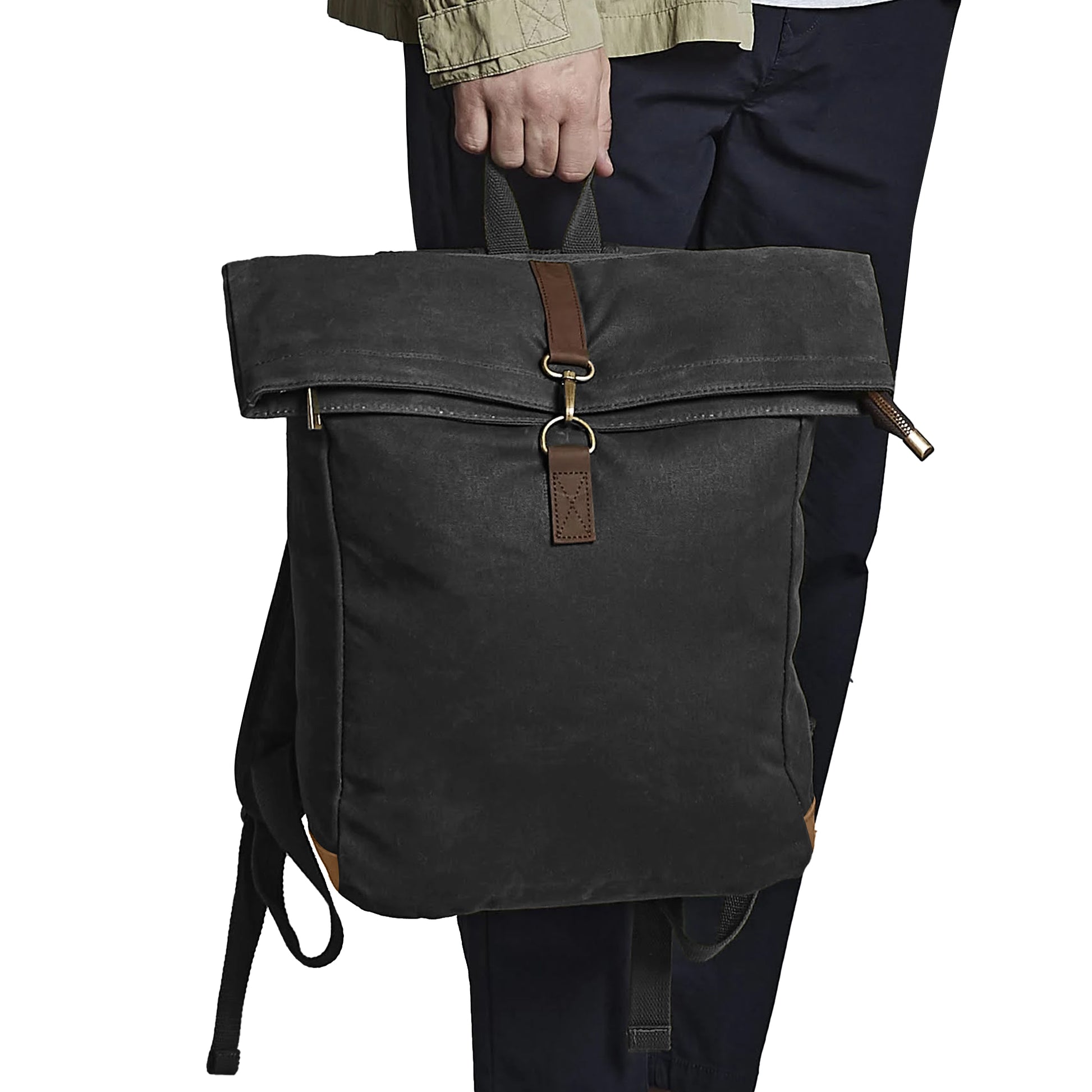 Black - Back - Quadra Heritage Waxed Canvas Leather Accent Backpack