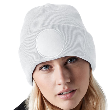 White - Side - Beechfield Unisex Circular Patch Cuffed Beanie