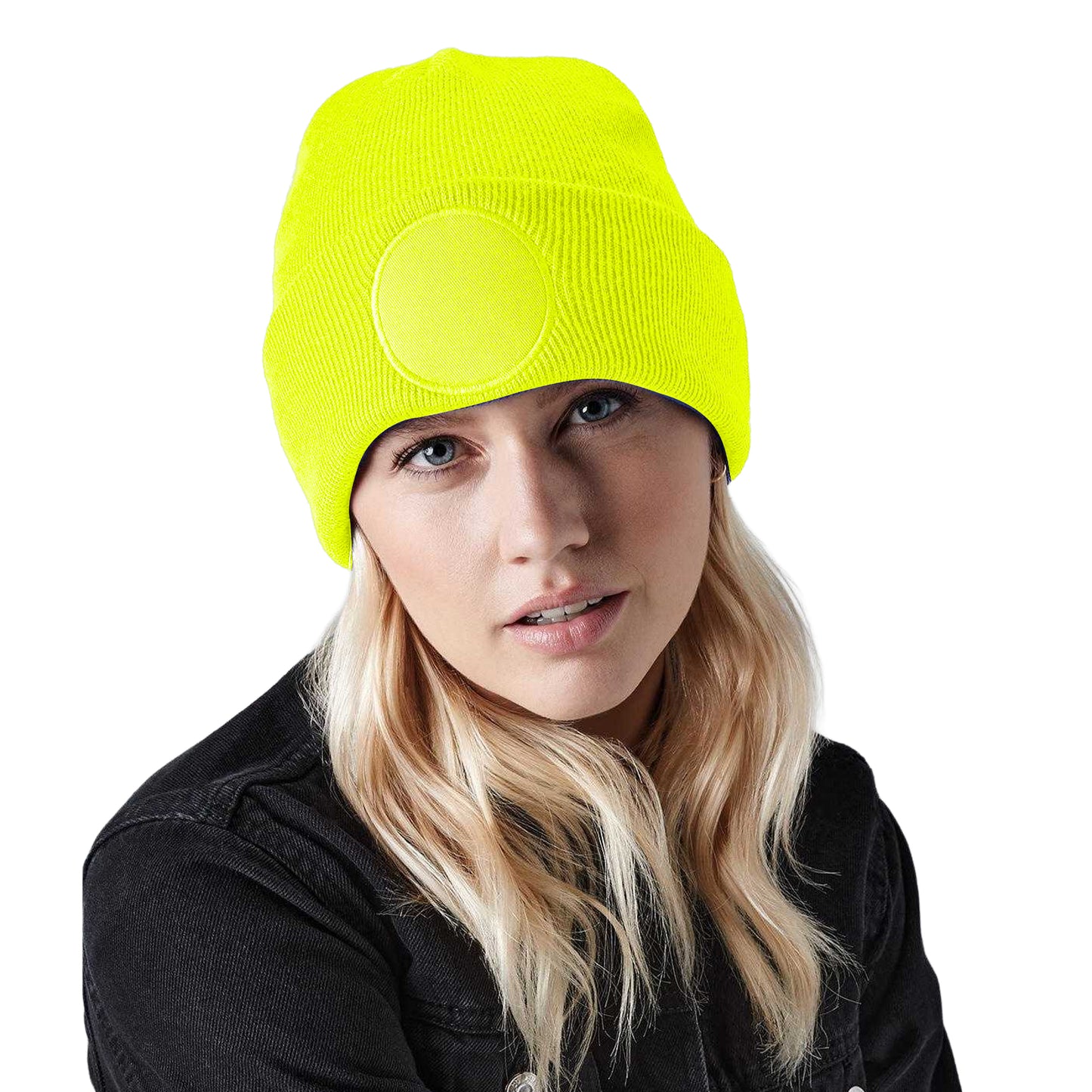 Fluorescent Yellow - Side - Beechfield Unisex Circular Patch Cuffed Beanie