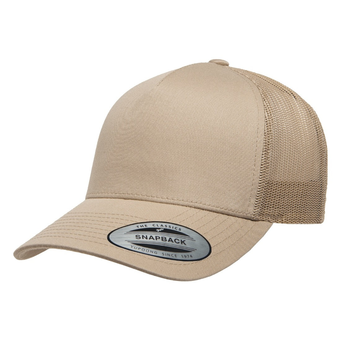 Khaki - Pack Shot - Flexfit By Yupoong 5 Panel Retro Trucker Cap
