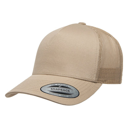 Khaki - Pack Shot - Flexfit By Yupoong 5 Panel Retro Trucker Cap