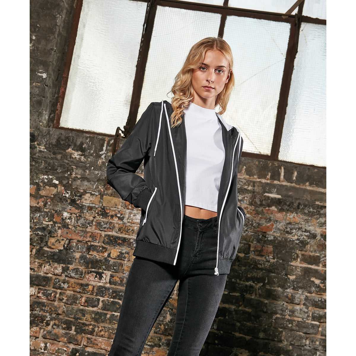 Black-White - Back - Build Your Brand Womens-Ladies Windrunner Recycled Jacket