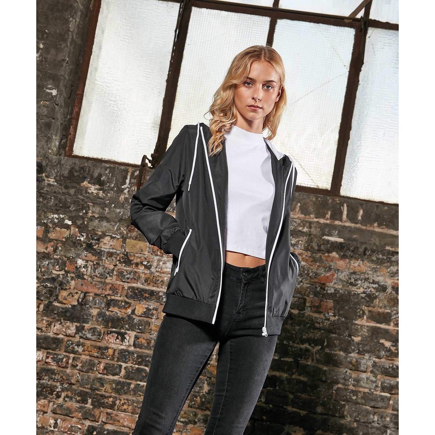 Black-White - Back - Build Your Brand Womens-Ladies Windrunner Recycled Jacket