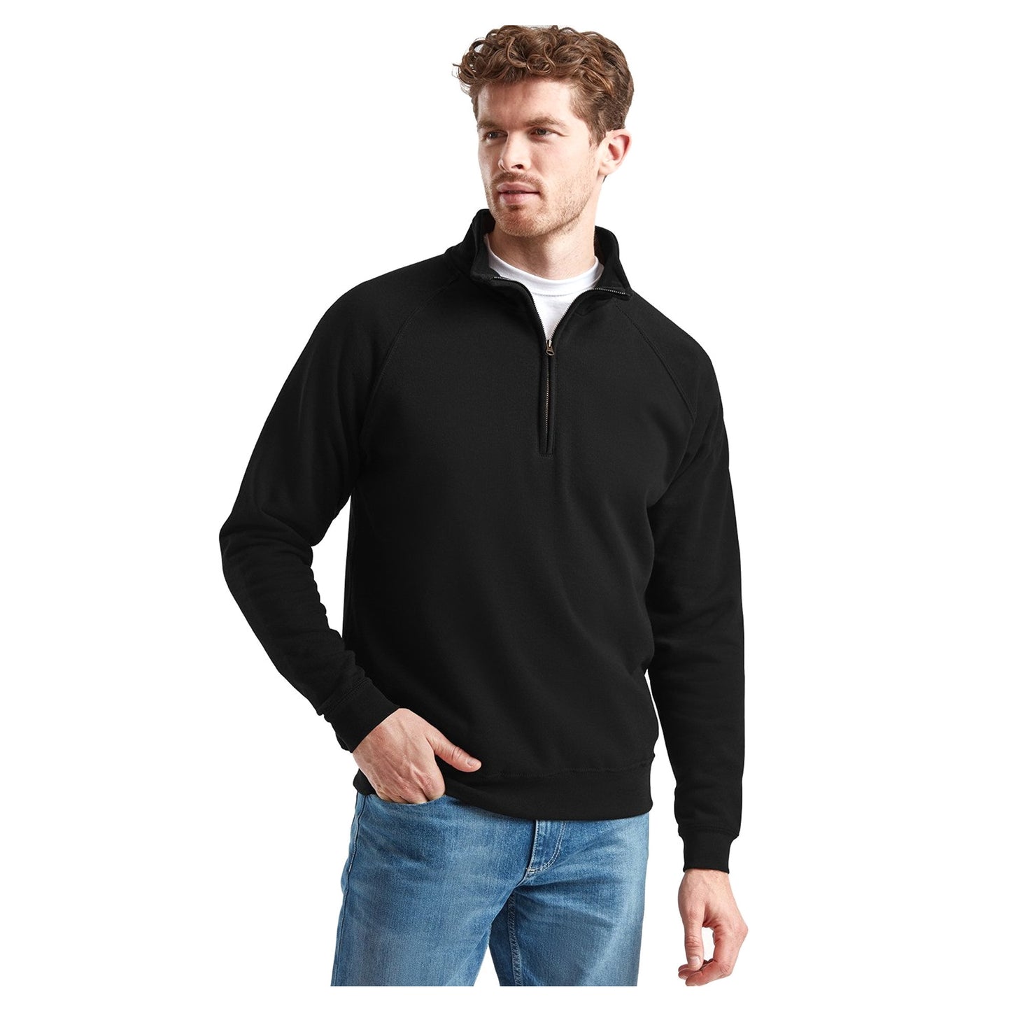 Black - Side - Fruit of the Loom Mens Classic 80-20 Zip Neck Sweatshirt