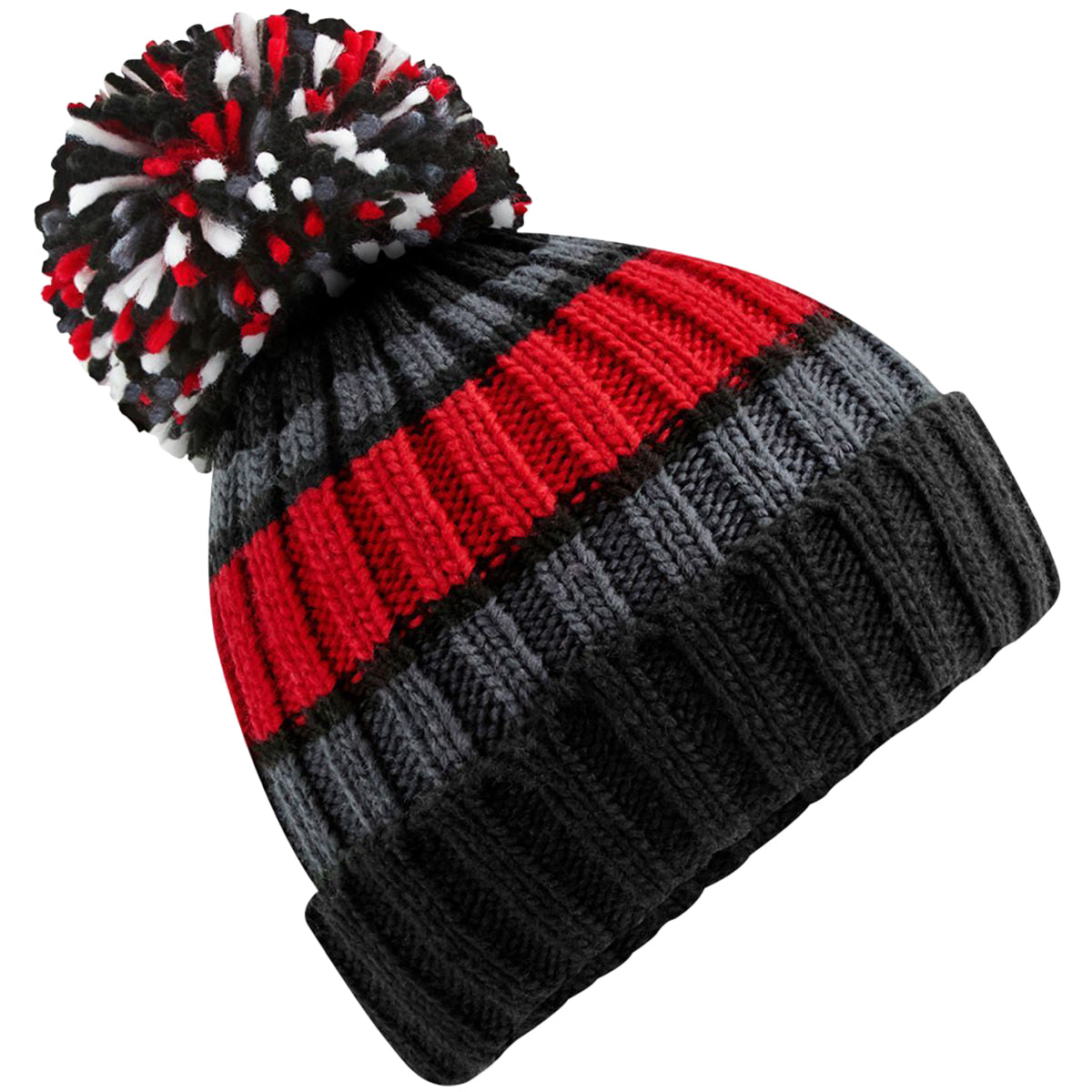 Black-Cherry-Charcoal - Front - Beechfield Unisex Adult Hygge Striped Beanie