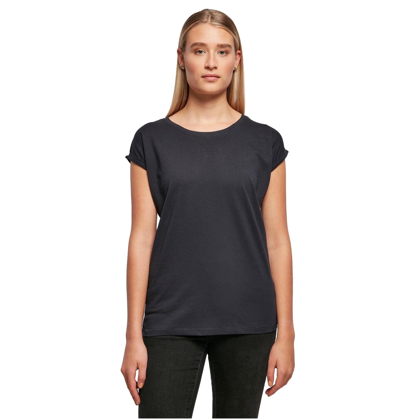 Navy - Side - Build Your Brand Womens-Ladies Extended Shoulder T-Shirt
