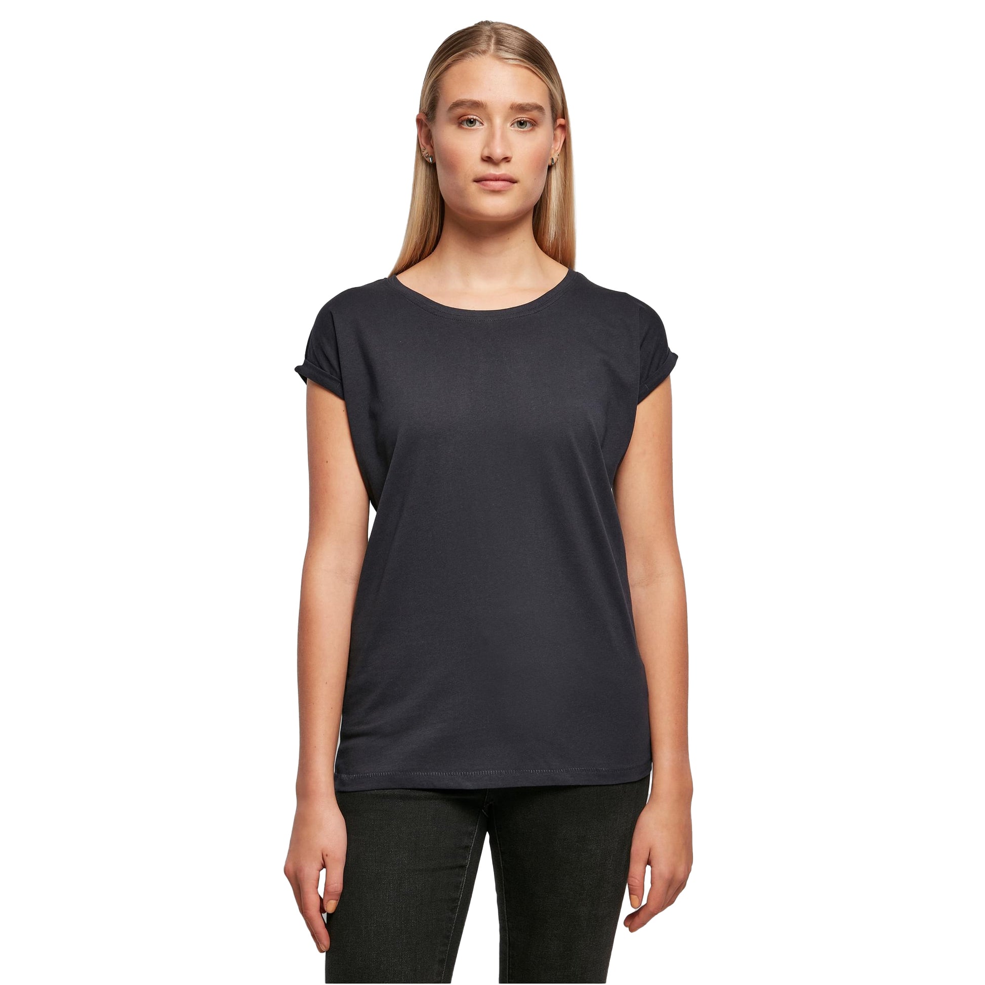 Navy - Side - Build Your Brand Womens-Ladies Extended Shoulder T-Shirt