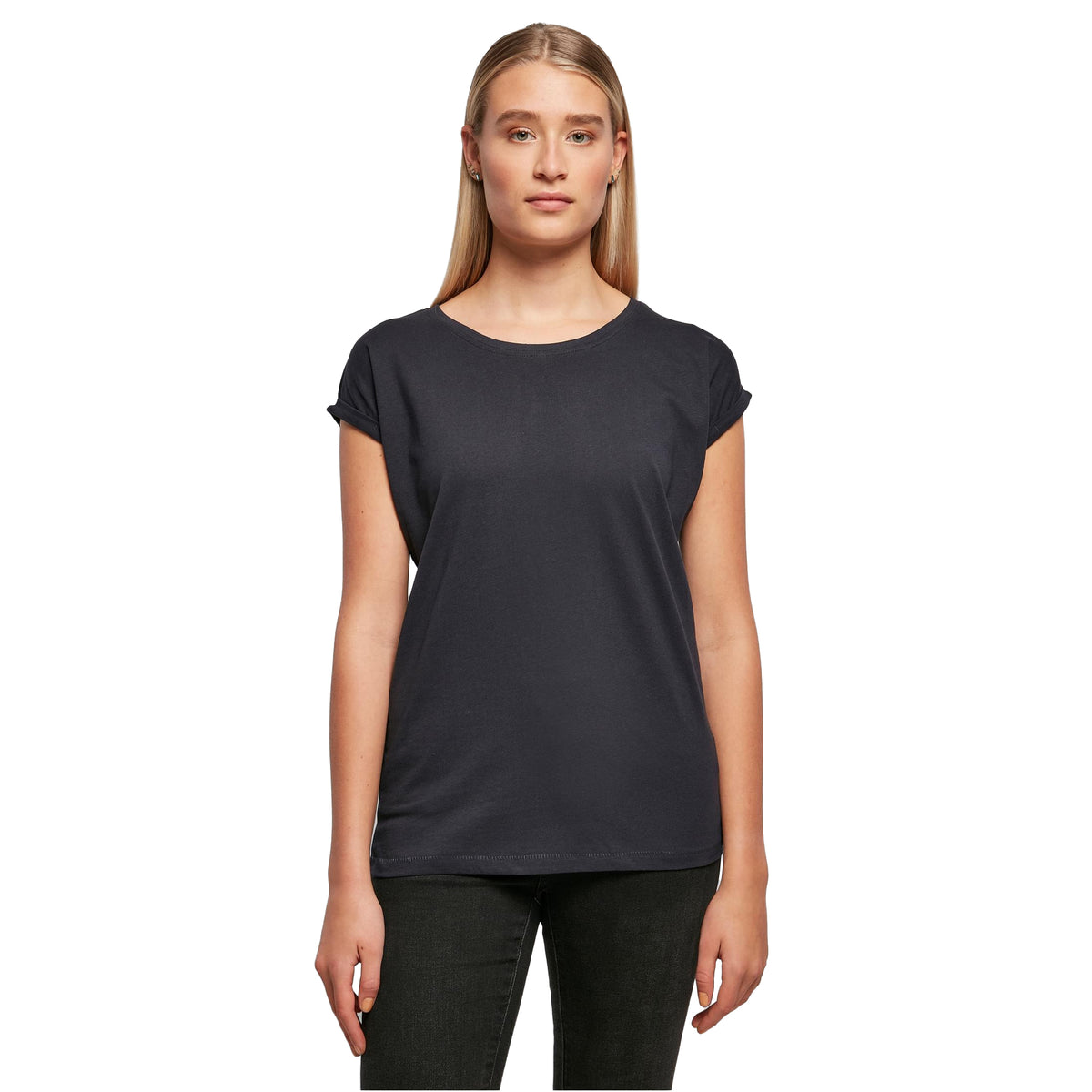 Navy - Side - Build Your Brand Womens-Ladies Extended Shoulder T-Shirt
