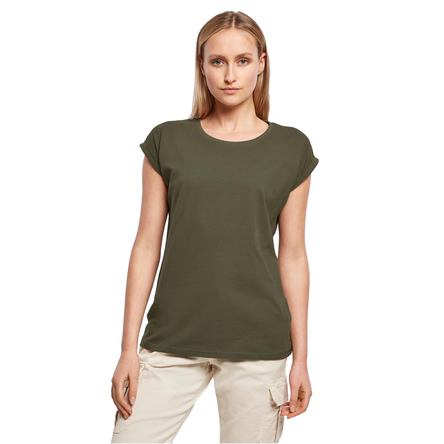 Olive - Side - Build Your Brand Womens-Ladies Extended Shoulder T-Shirt