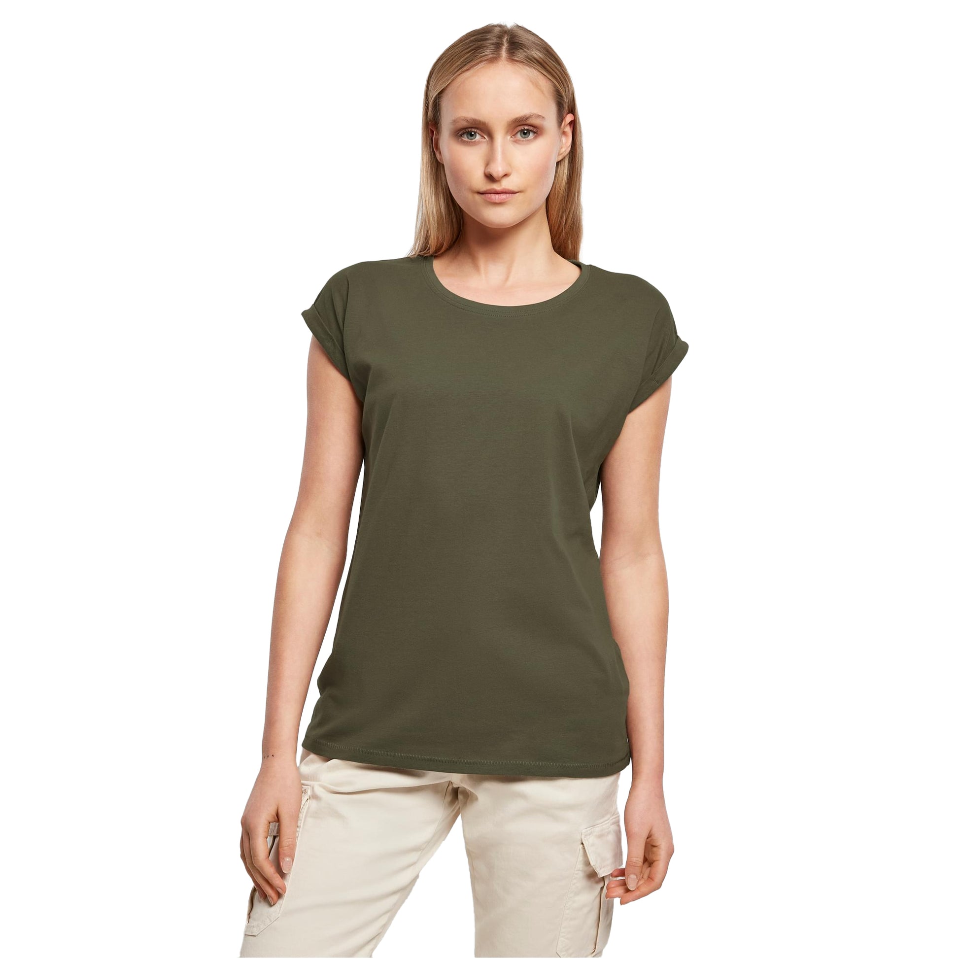 Olive - Side - Build Your Brand Womens-Ladies Extended Shoulder T-Shirt
