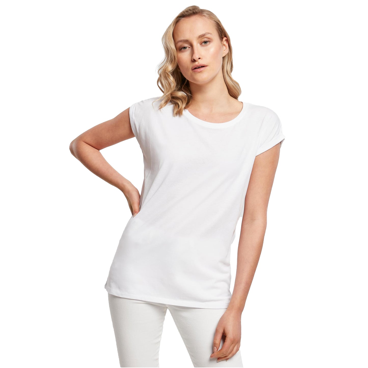 White - Side - Build Your Brand Womens-Ladies Extended Shoulder T-Shirt
