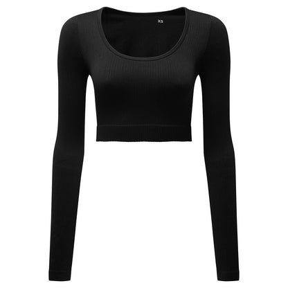 Black - Front - TriDri Womens-Ladies Ribbed Seamless 3D Crop Top
