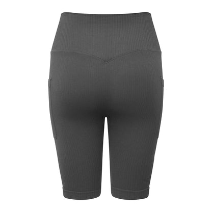 Charcoal - Back - TriDri Womens-Ladies Ribbed Seamless 3D Cycling Shorts