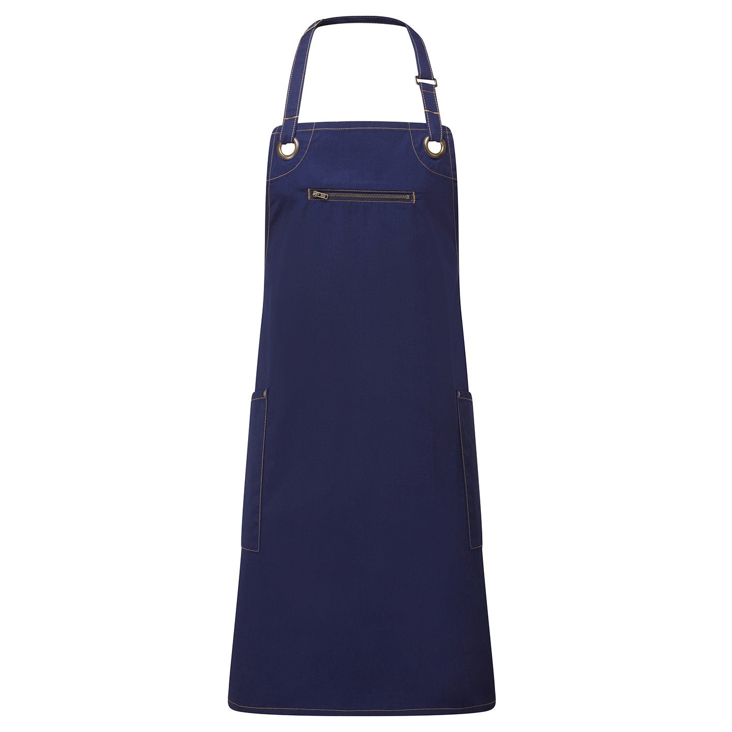 Navy-Camel - Front - Premier Unisex Adult Barley Sustainable Contrast Stitching Full Apron