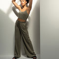 Khaki - Side - Skinni Fit Womens-Ladies Sustainable Wide Leg Jogging Bottoms