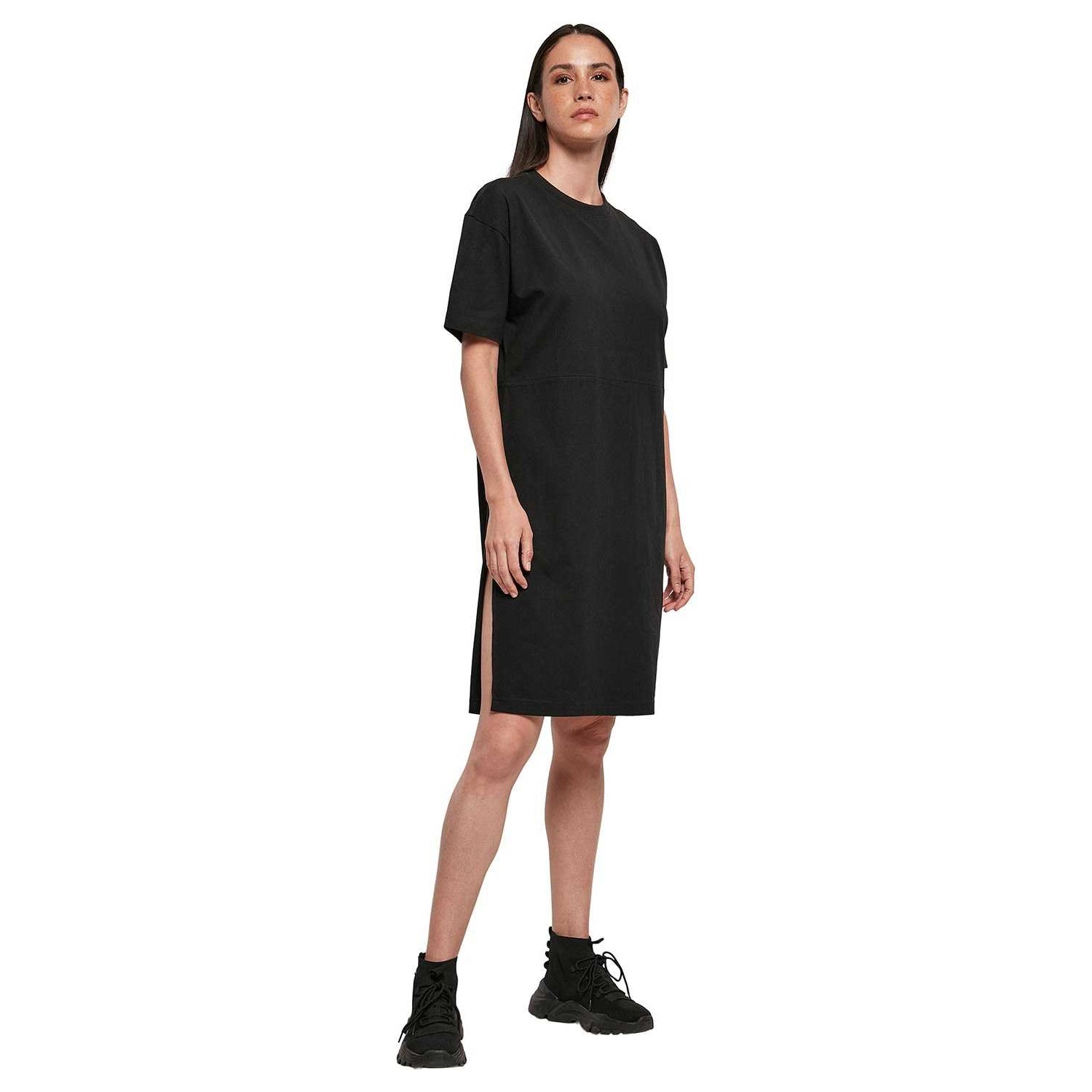 Black - Lifestyle - Build Your Brand Womens-Ladies Organic Split Hem Oversized T-Shirt Dress