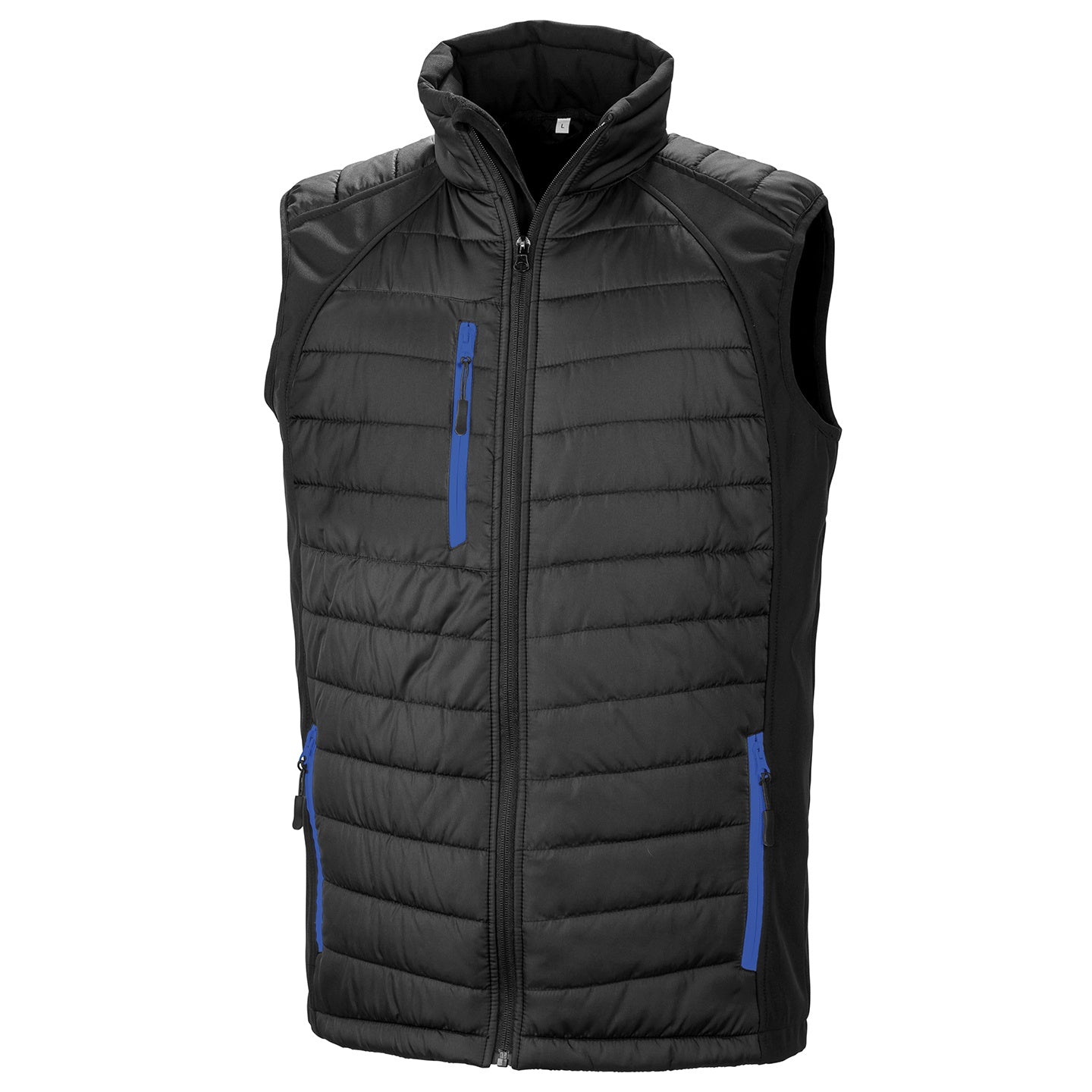 Black-Royal Blue - Front - Result Genuine Recycled Unisex Adult Compass Softshell Padded Gilet
